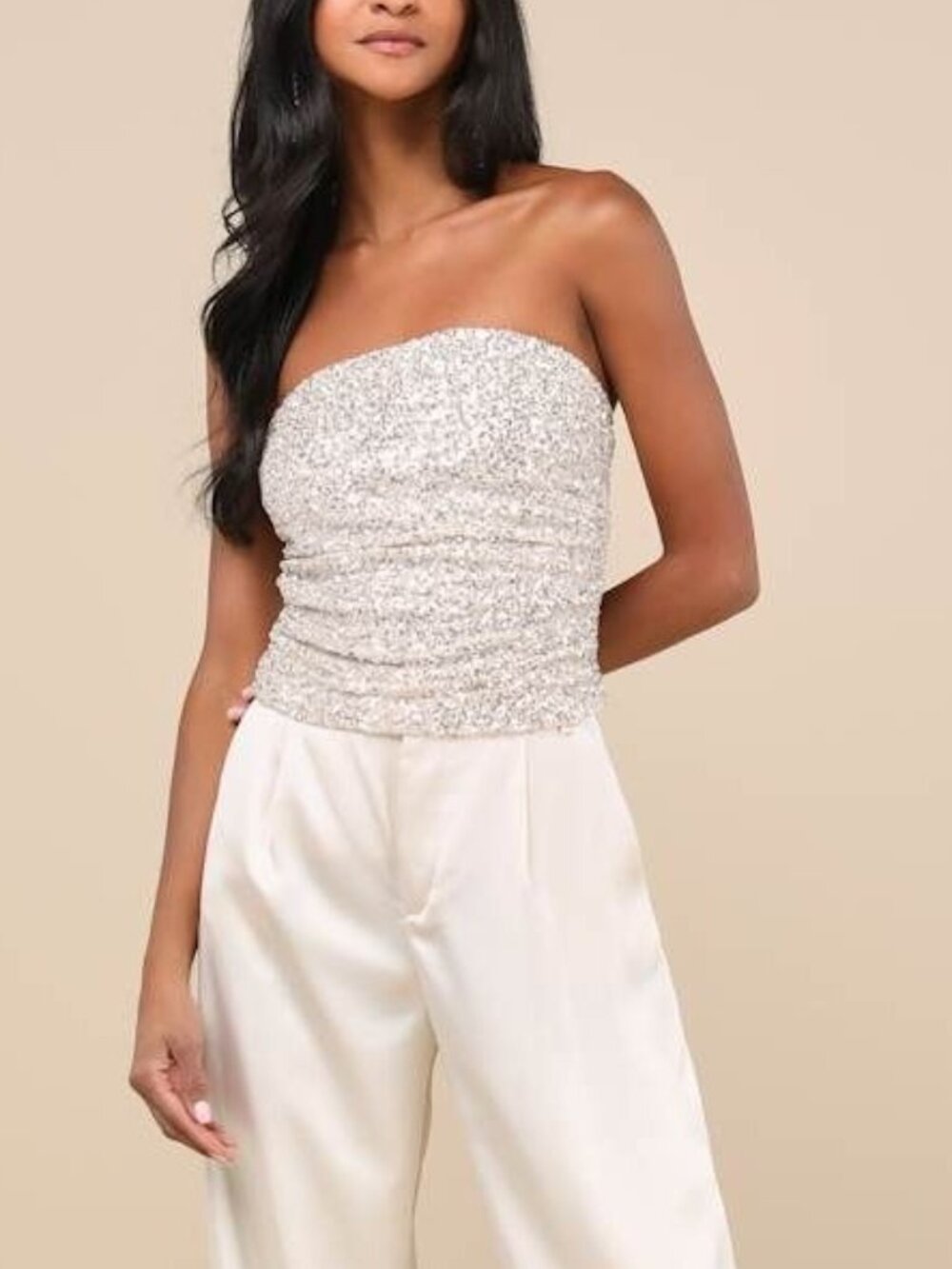 Lulus Champagne Sequin Strapless Ruched Top Size S NWT